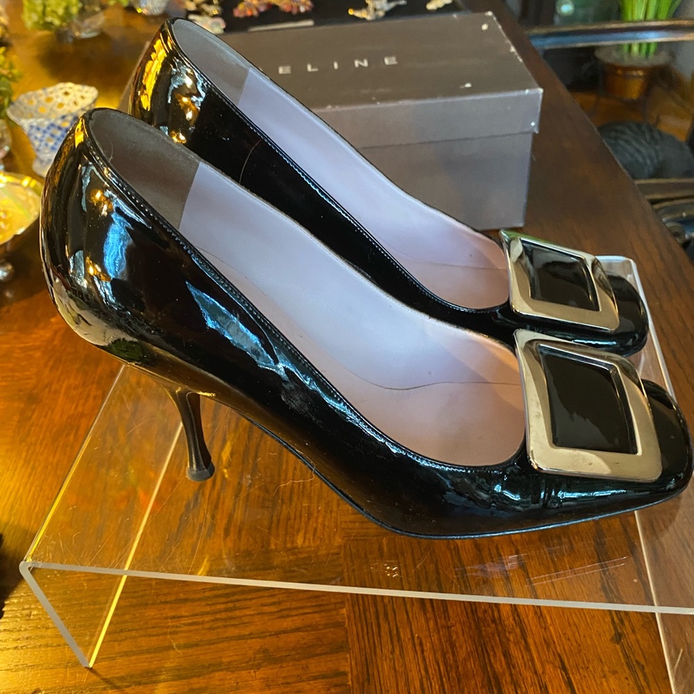 CELINE Sz 8 GORGEOUS Black patent 4” heel with Silver Buckle Pump…